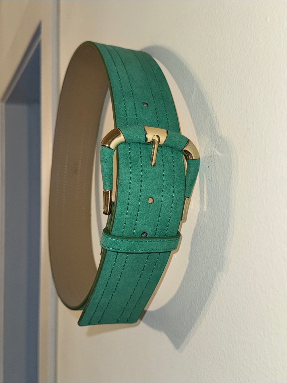 Green Women's Leather Belt with Gold Buckle